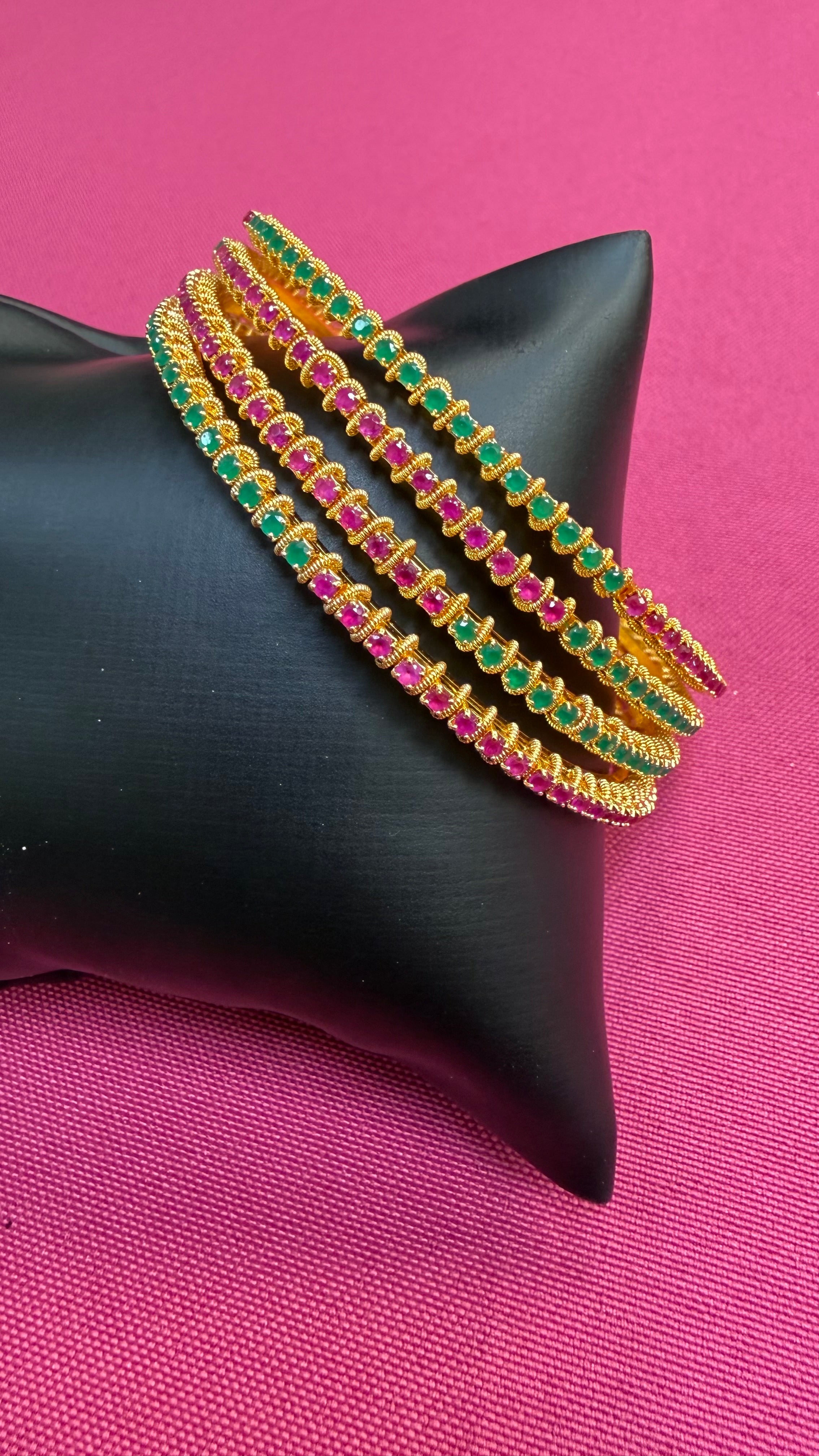 Gold Finish - Pink & Green Stones Thin Bangles set - set of 4