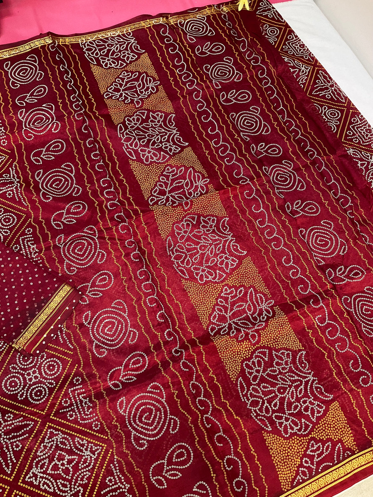 Bandhini print Maroon saree - fall pico done