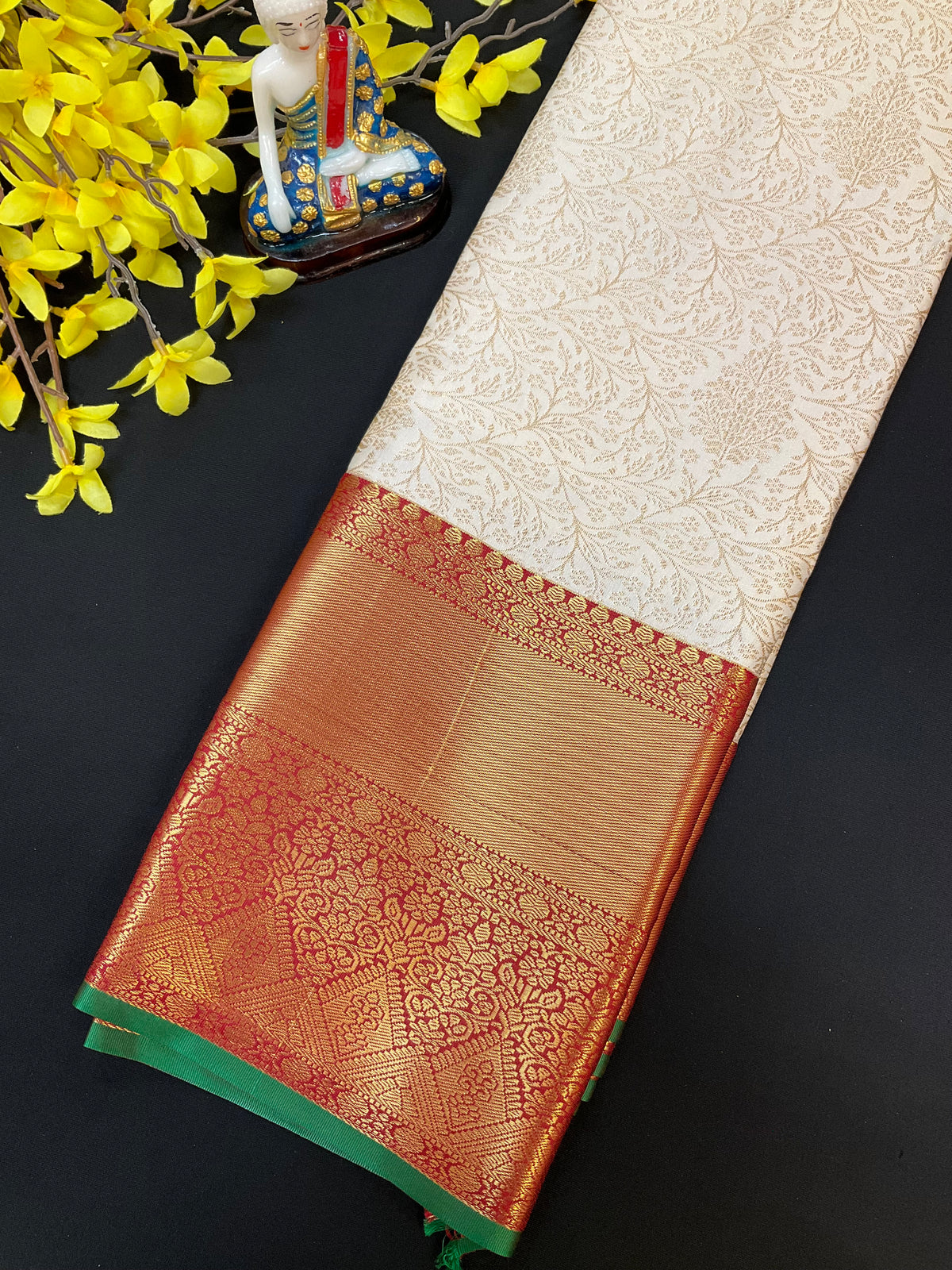 Semi Silk Half White & Red Border Saree