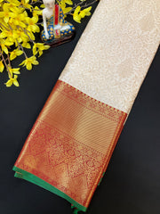Semi Silk Off White & Red Border Kanjeevaram Saree
