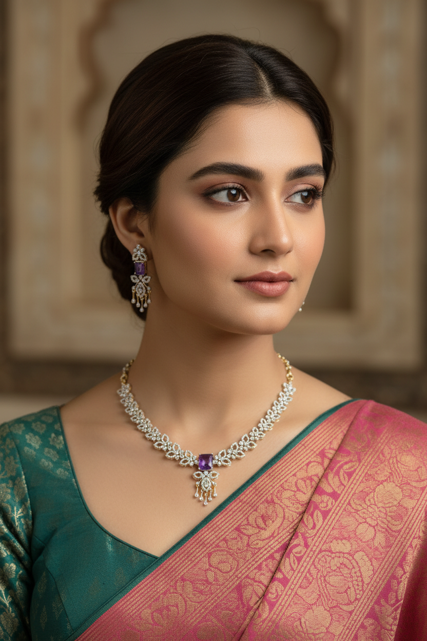 CZ Party Wear Necklace set with Purple Stone