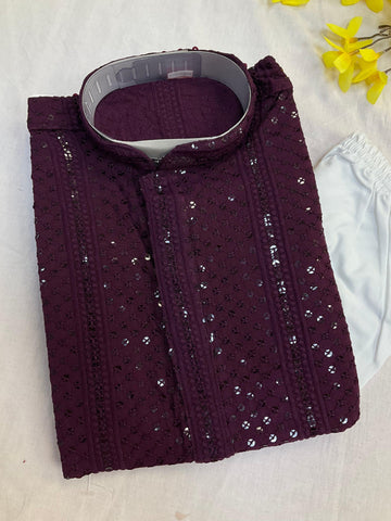Wine Boys Chikankari Kurta Set with Sequence Embroidery