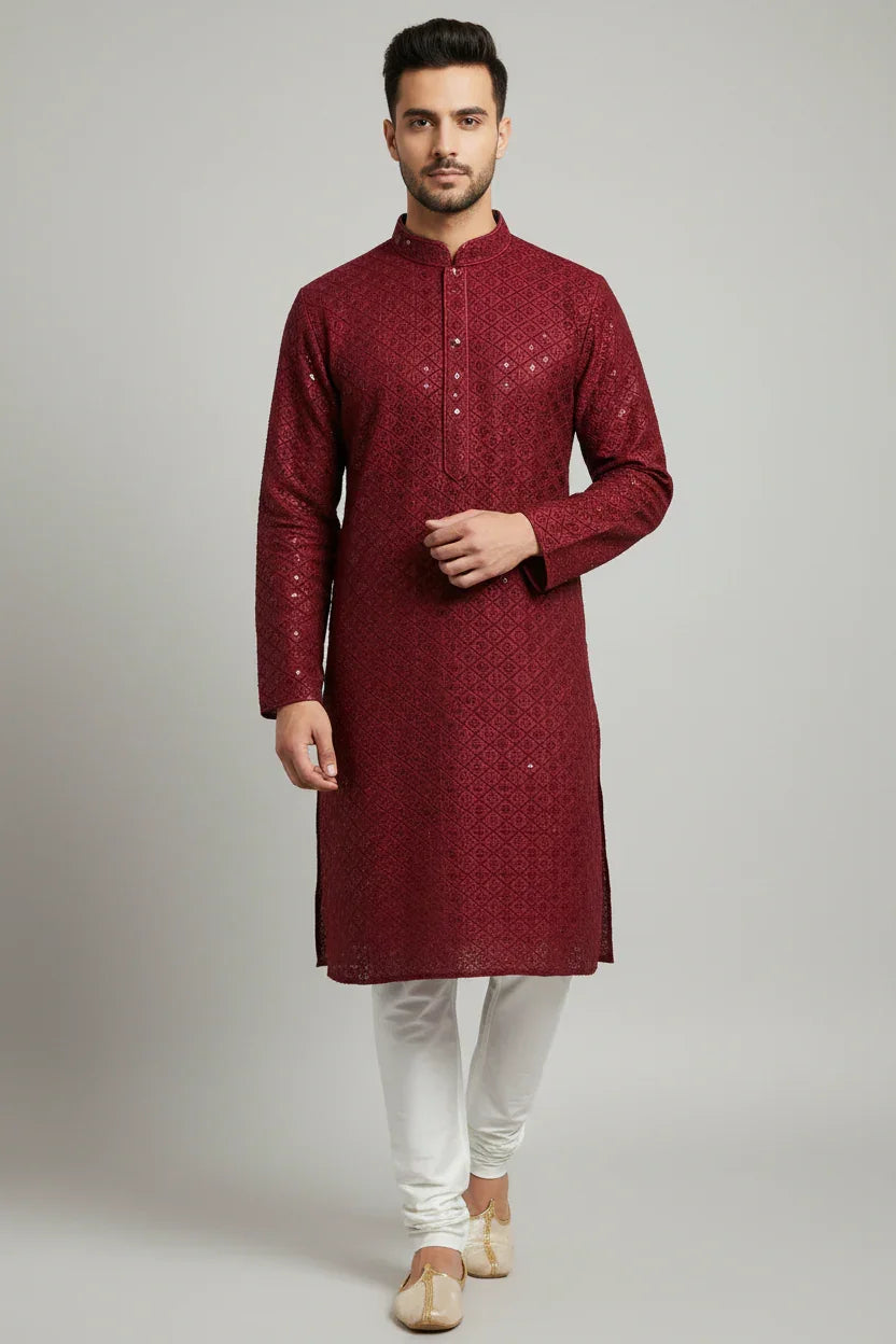 Men’s Maroon Sequin Work Kurta Set