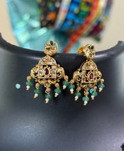 Antique Finish Simple Necklace set with Green Beads