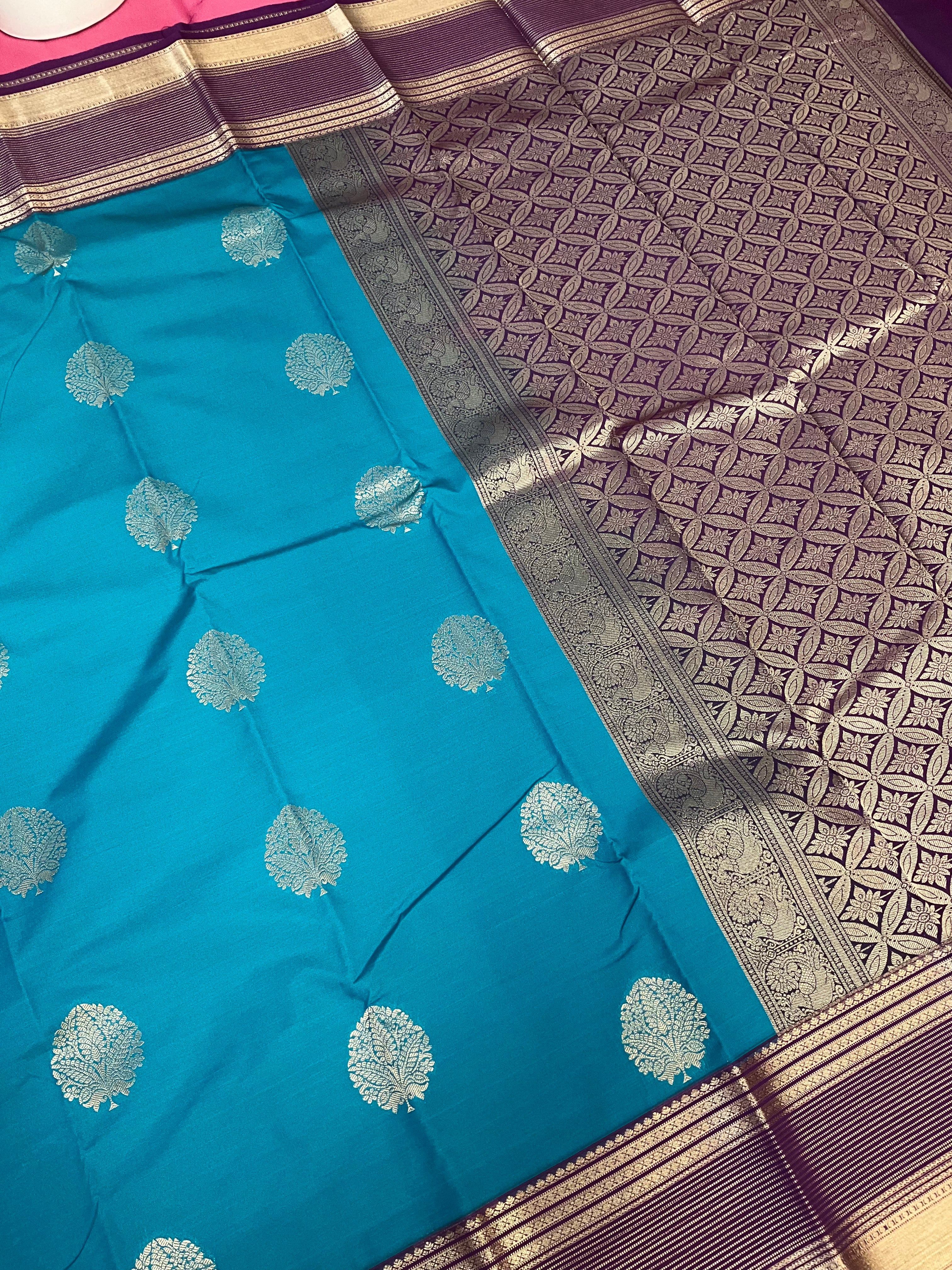 Blue Semi Kanjeevaram Silk Saree with Vintage Border