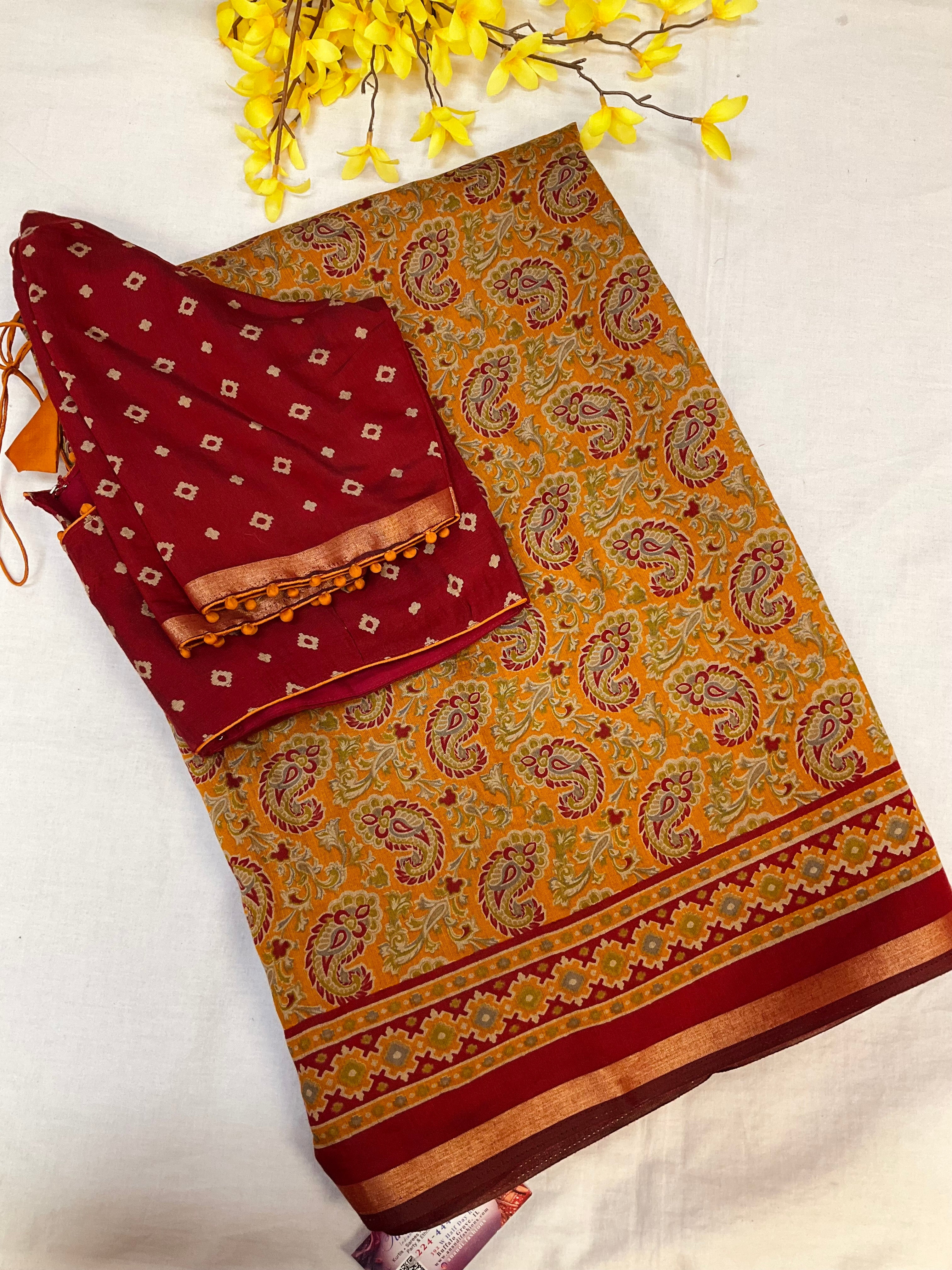 Yellow Ajrakh Print Sarees with stitched blouse