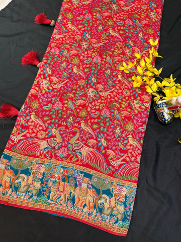 Premium Kashmiri Silk Red Saree with All Over Design