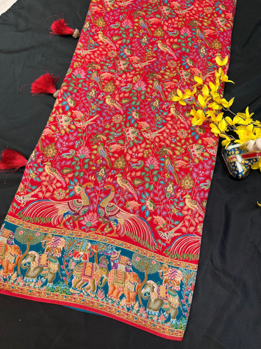 Premium Kashmiri Silk Red Saree with All Over Design