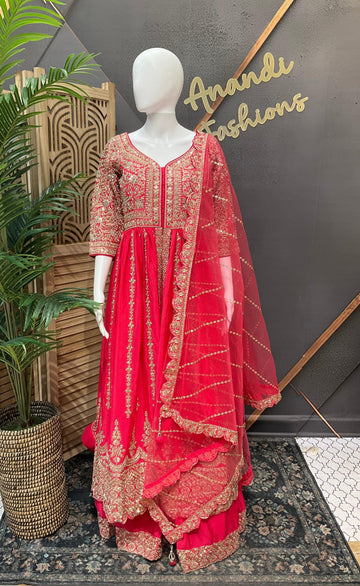 Size 38- Pink Heavy Embroidered Party Lehenga Set with Long Top