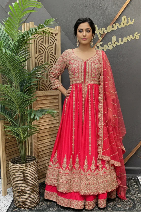 Pink Heavy Embroidered Party Lehenga Set with Long Top