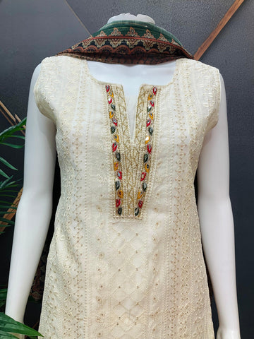 Half White Party Wear Kurti Set - Digital Print Dupatta