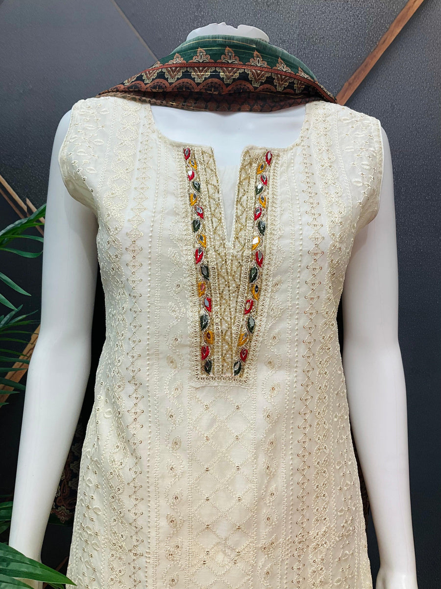 Half White Party Wear Kurti Set - Digital Print Dupatta
