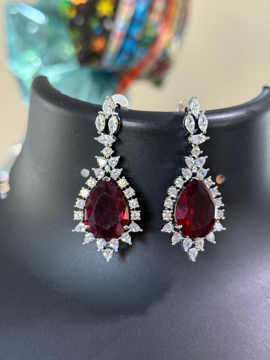Party Wear Silver Finish Necklace set with Red Stone
