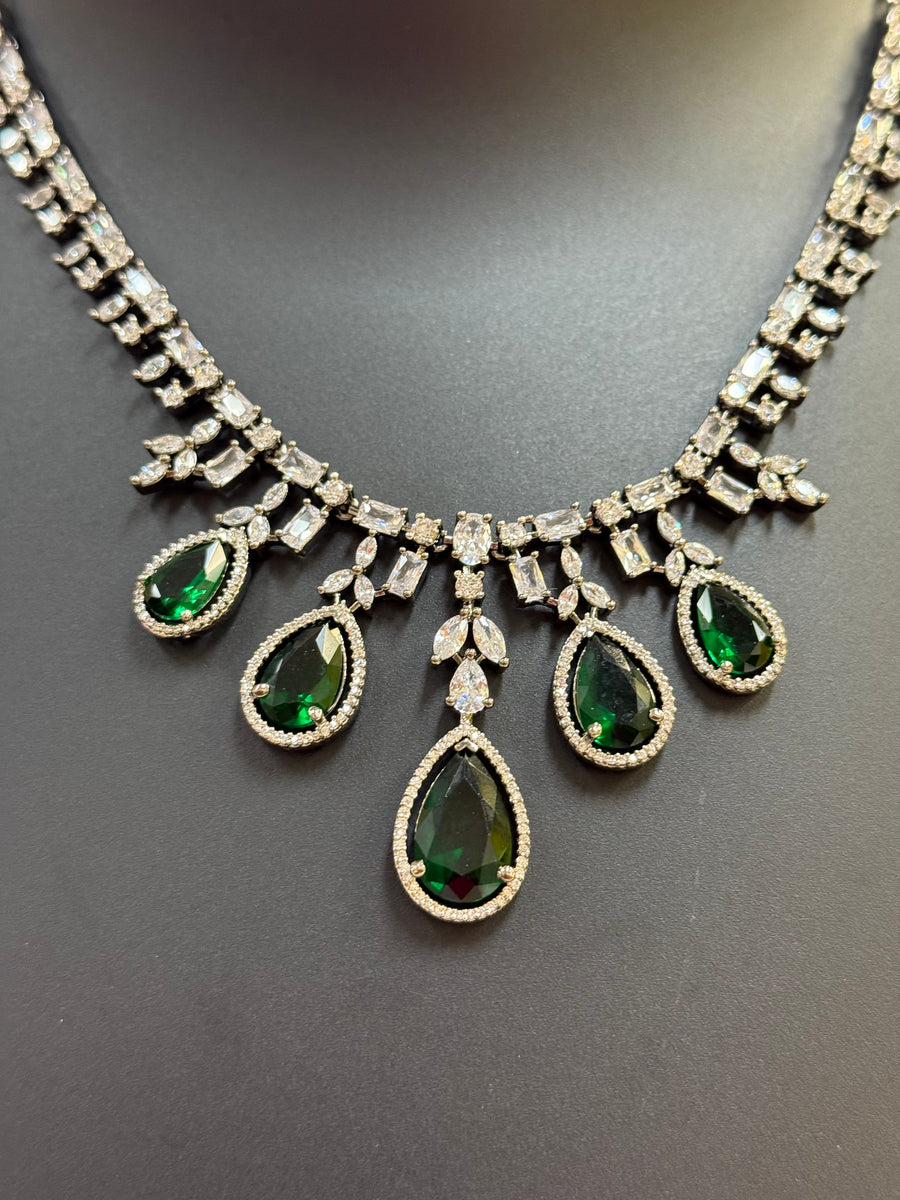 Black Metal Party Wear CZ Necklace set with Emeralds