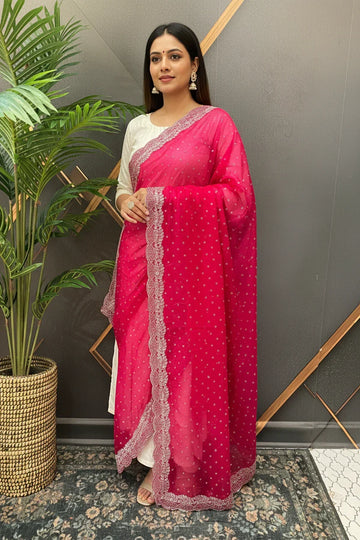 Woman in white ethnic dress wearing a bright pink chiffon saree with silver embroidery, standing indoors with a potted plant
