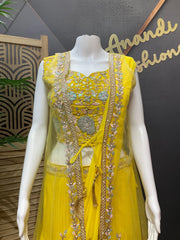Yellow Party Wear Ready to Wear Saree - Georgette with Overcoat