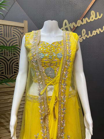 Yellow Party Wear Ready to Wear Saree - Georgette with Overcoat