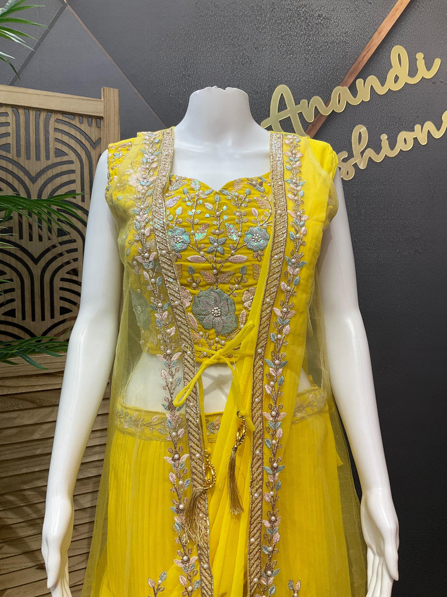 Yellow Party Wear Ready to Wear Saree - Georgette with Overcoat