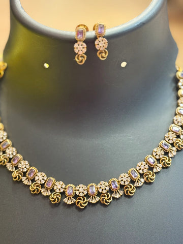 Antique Finish Purple Necklace Set with Chain & Earrings