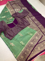Mint Green Benarasi Silk saree with Stitched Blouse