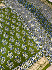 Semi Modal silk Mehandi green Ajrakh saree