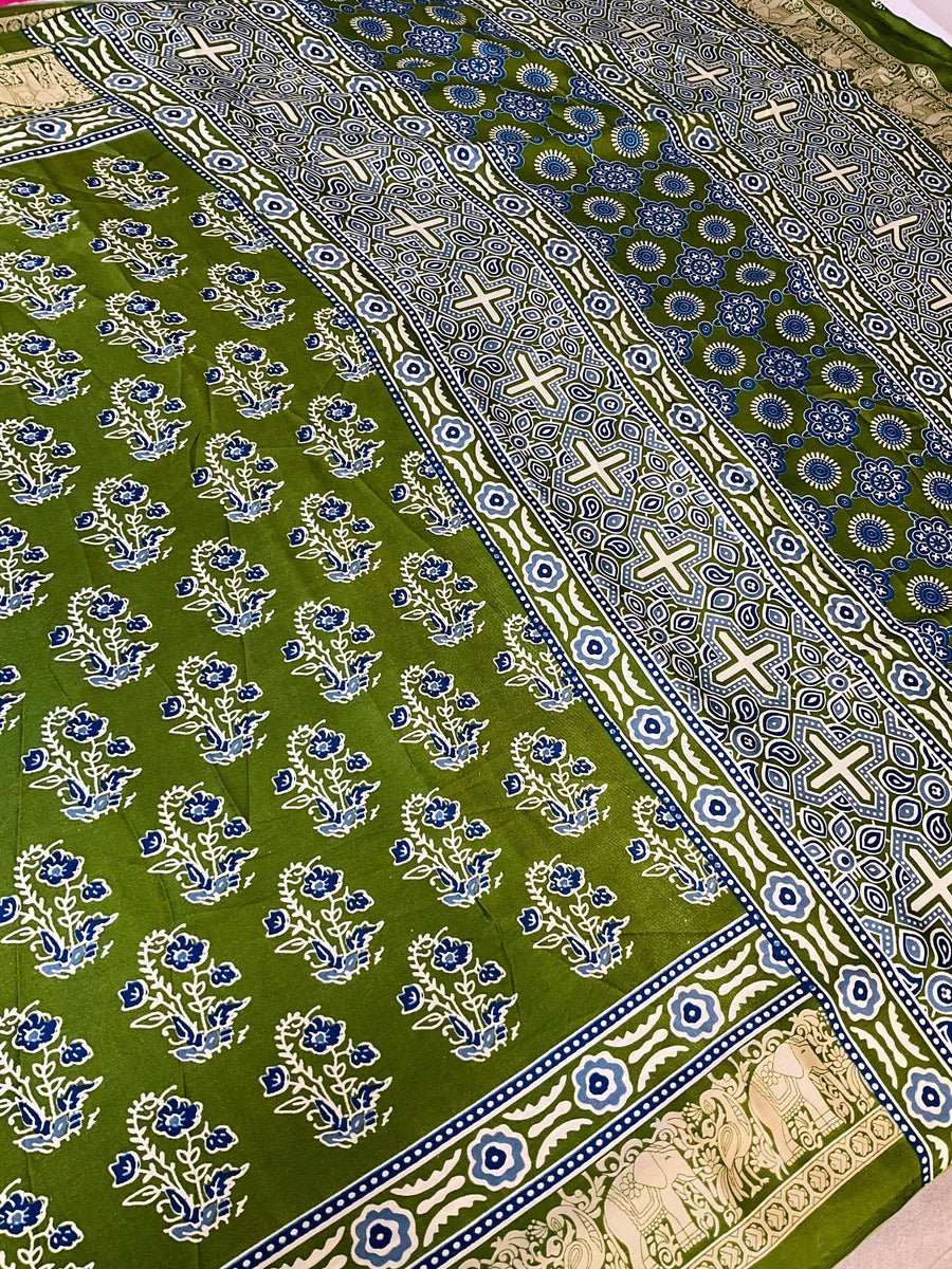 Semi Modal silk Mehandi green Ajrakh saree
