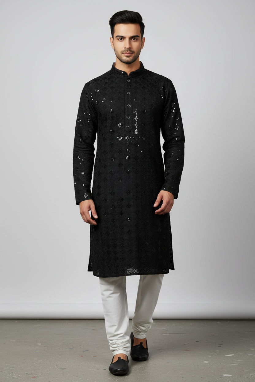 Black Chikankari Work Mens kurta set