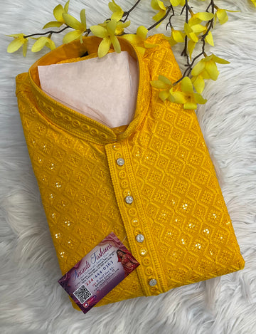 Yellow Chikankari Sequence Mens Wear kurta set