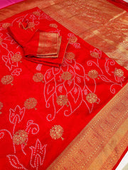 Red Bandhani Weaving Semi Silk Saree with Stitched Blouse