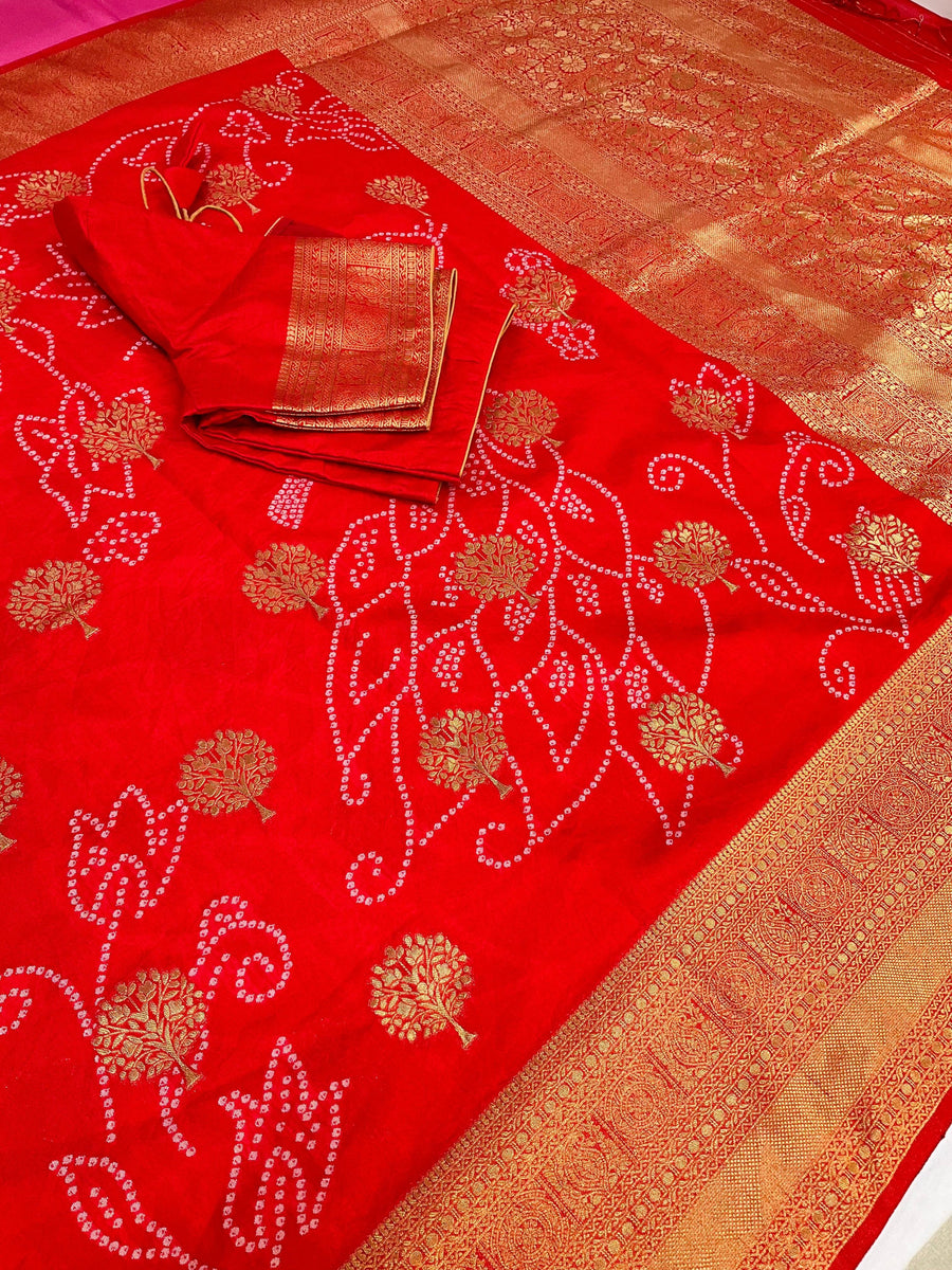 Red Bandhani Weaving Semi Silk Saree with Stitched Blouse