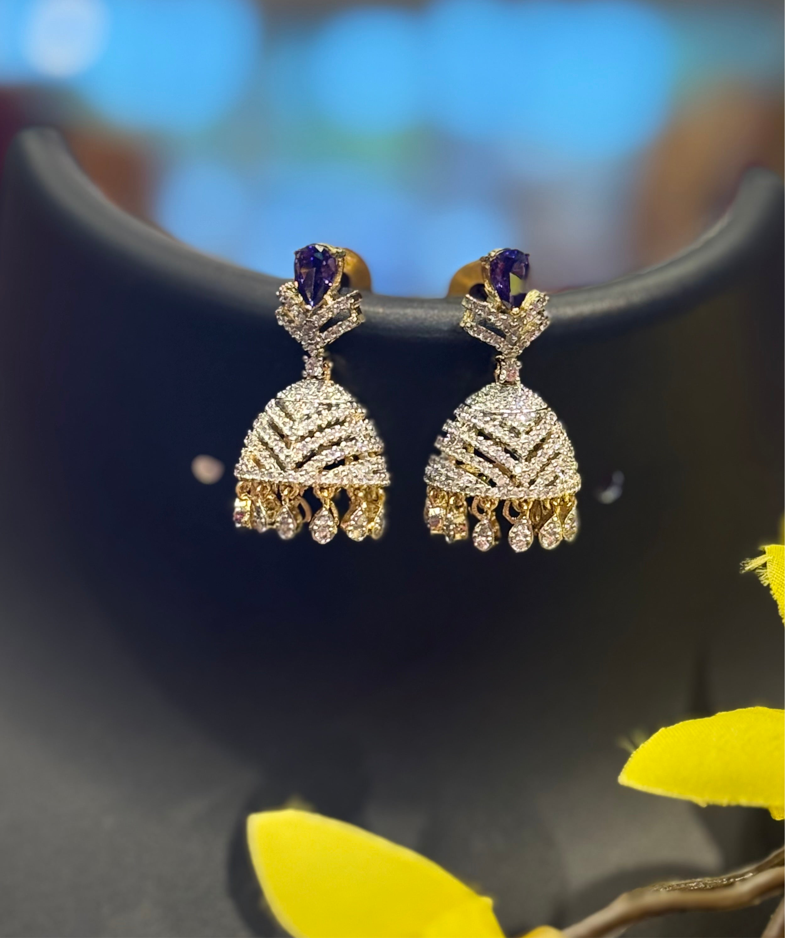 Party Wear Earrings-CZ Jhumkas with Purple Stone