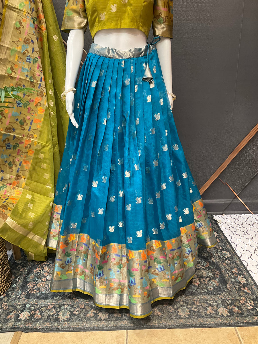Green & Blue Silk Kota Half Saree set