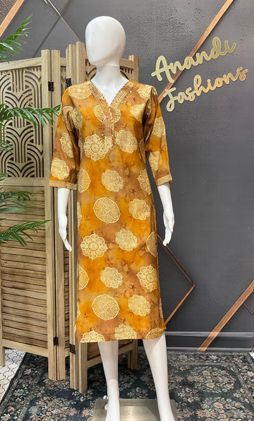 Mustard Yellow Pure Cotton Printed Kurti