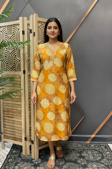Mustard Yellow Pure Cotton Printed Kurti
