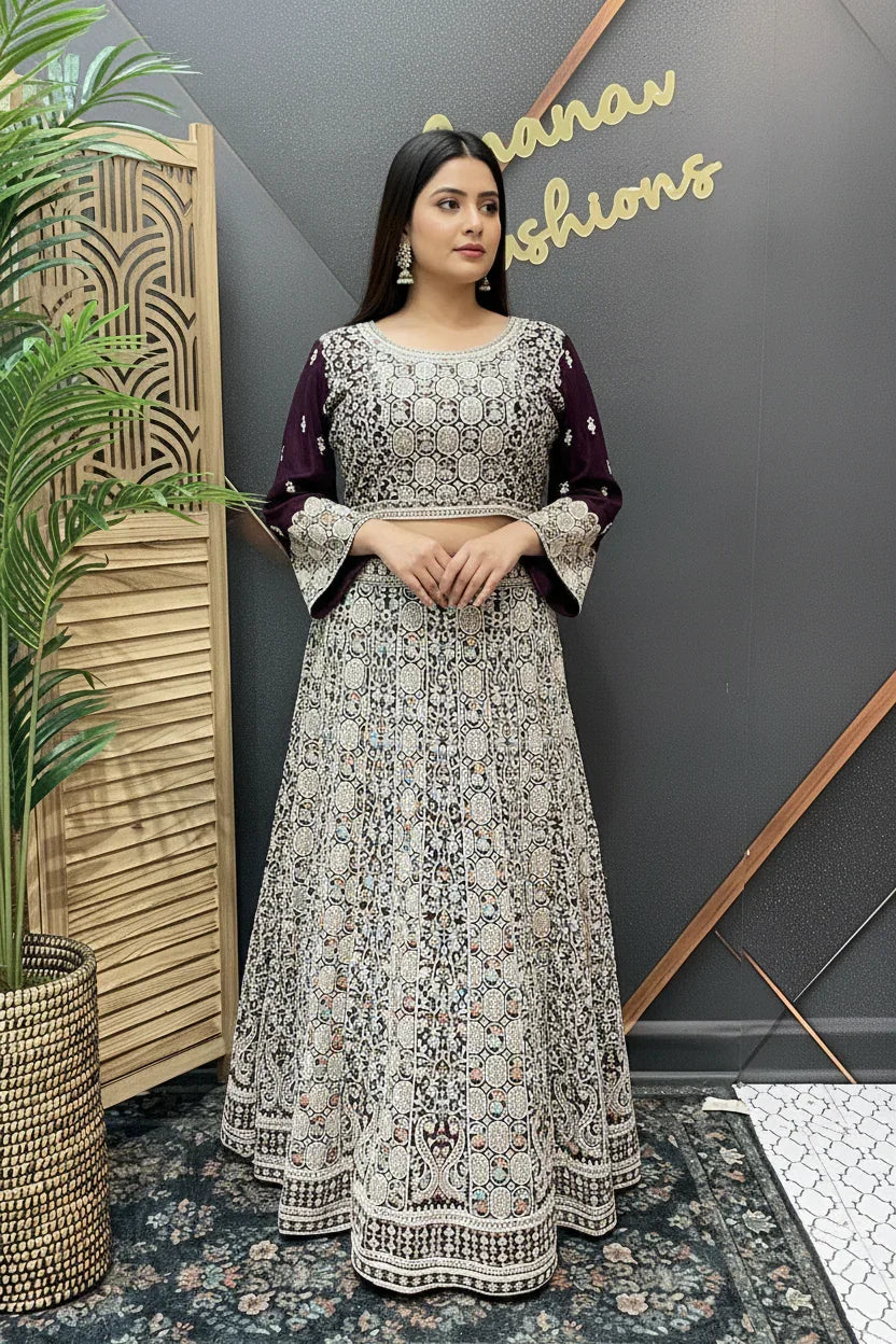Plus Size Wine Heavy Work Georgette Lehenga Set Double Sided Embroidery