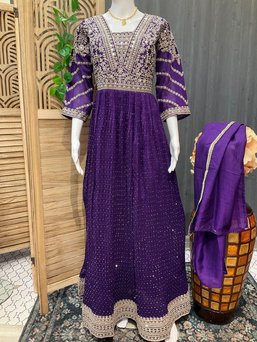 Violet Vichitra Silk Party Dress Size 38 | Stone Work Long Gown for Women