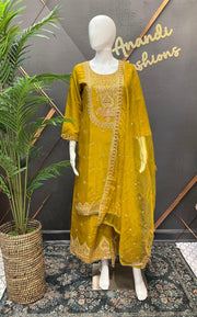 Mustard Yellow Shimmery Silk Party Wear Sharara Set
