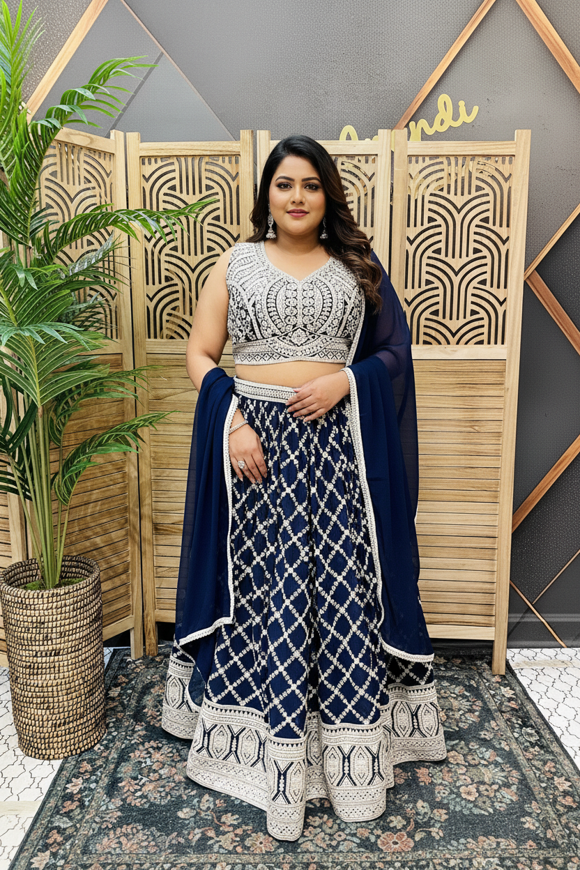 Plus Size Georgette Ink Blue Lehenga Set with Heavy Embroidery