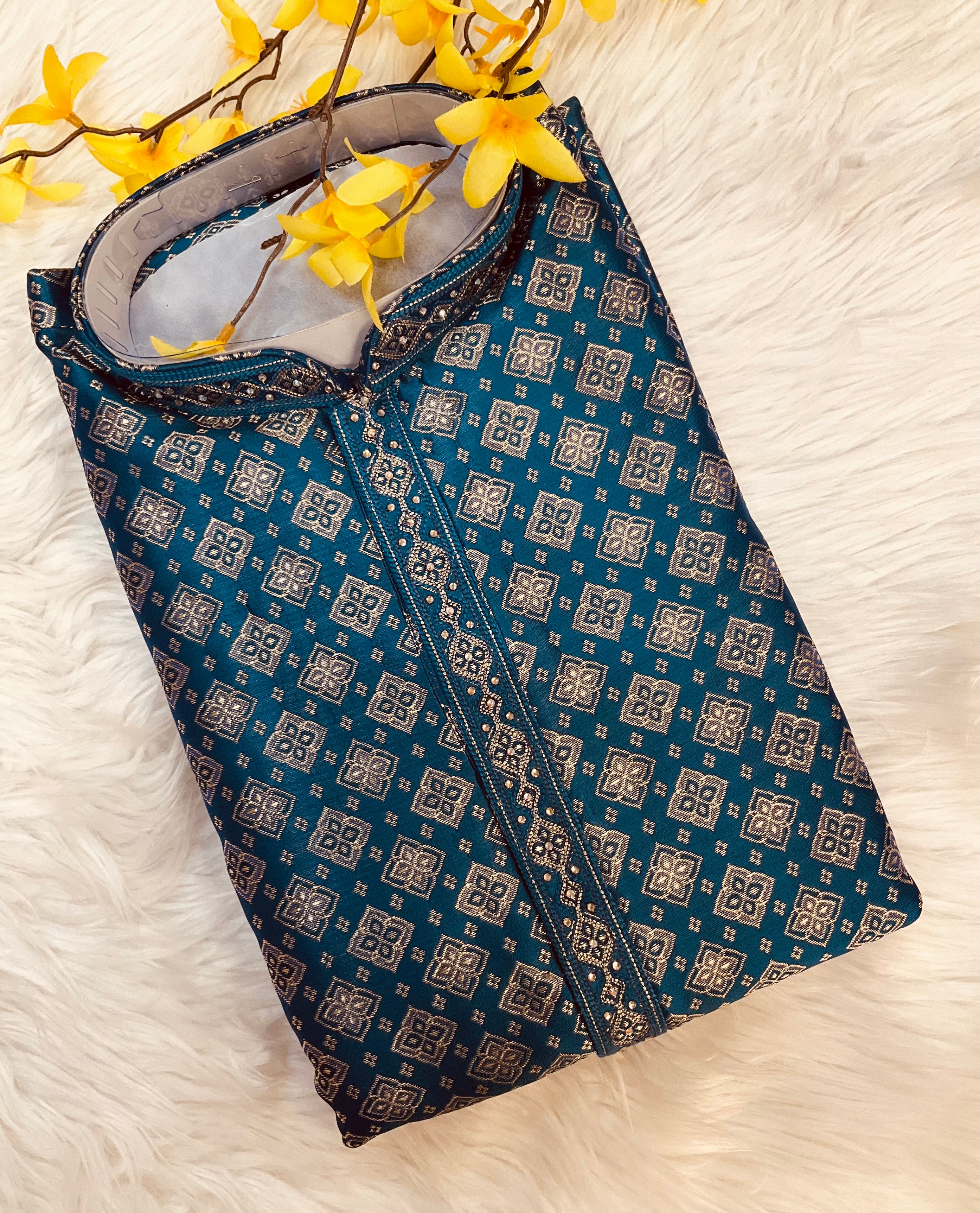 Premium Quality - Peacock Blue Color Benaras Kurta Pajama Sets