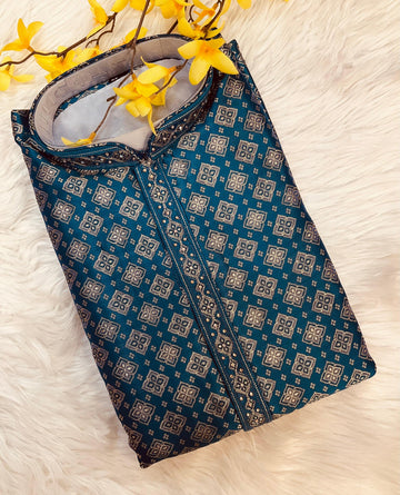 Premium Quality - Peacock Blue Color Benaras Kurta Pajama Sets