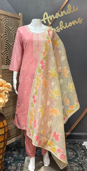 Pink cotton Chanderi silk kurti set
