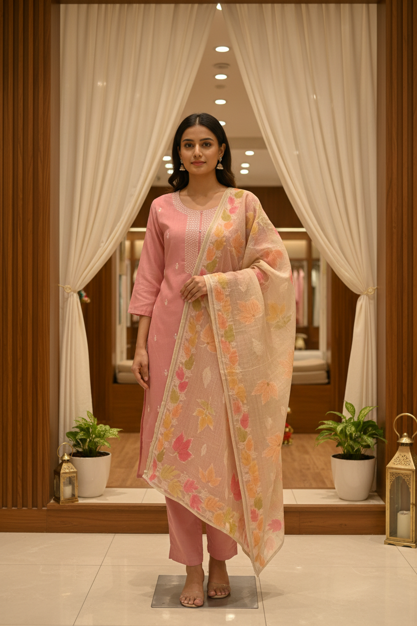 Pink cotton Chanderi silk kurti set