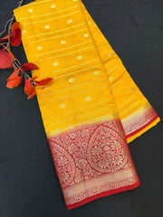 Yellow Silk Saree with Red Border - Traditional 7.5 Inch Border