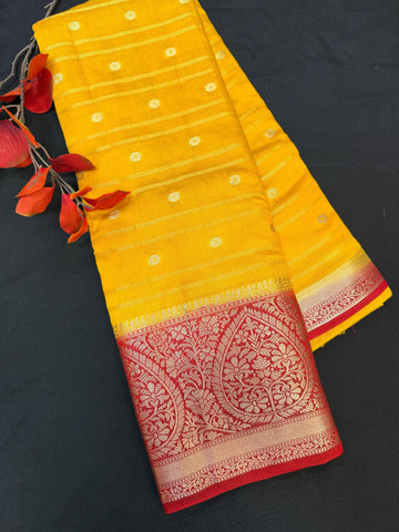 Yellow Silk Saree with Red Border - Traditional 7.5 Inch Border
