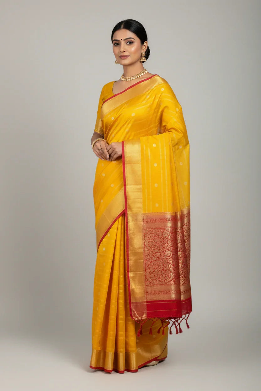 Yellow Silk Saree with Red Border - Traditional 7.5 Inch Border
