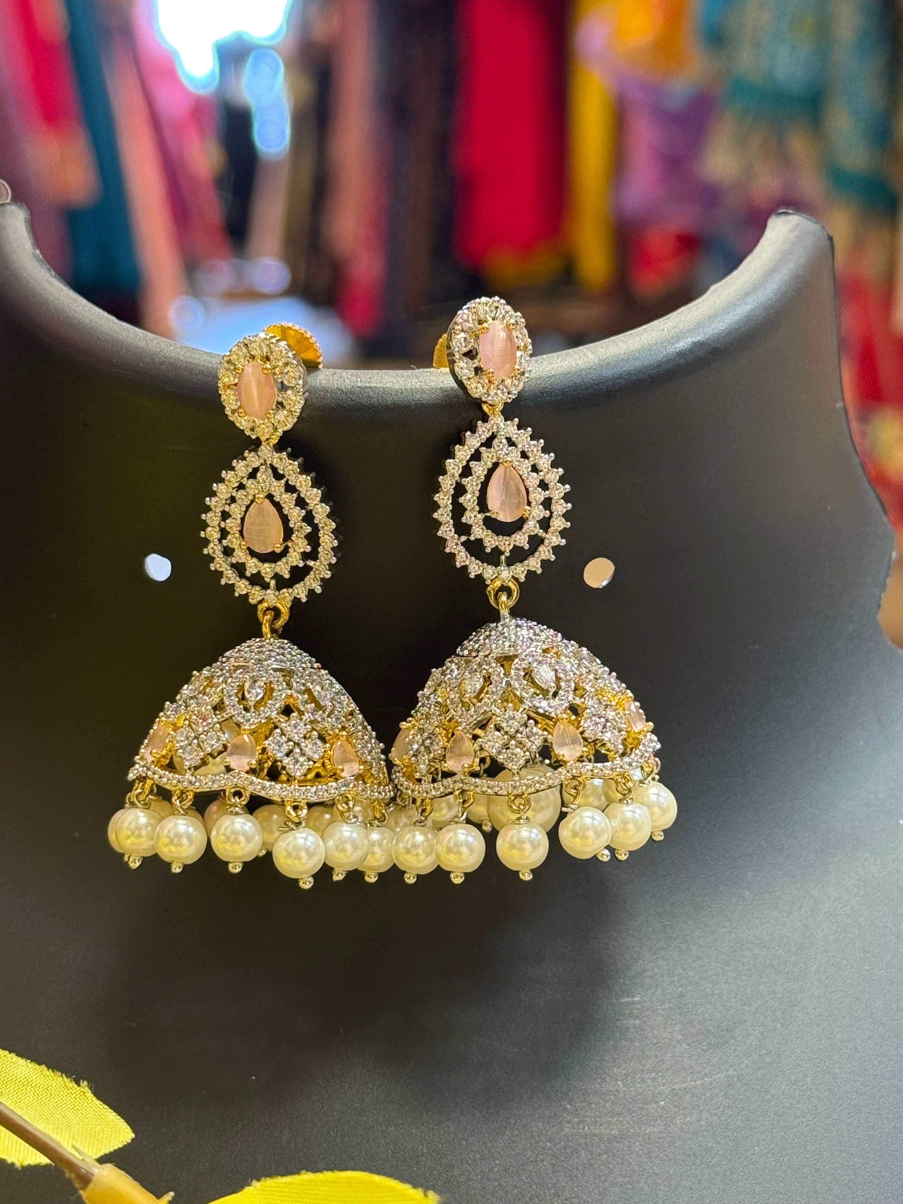 Party Wear CZ Jhumkas/Earrings with Baby Pink Stones