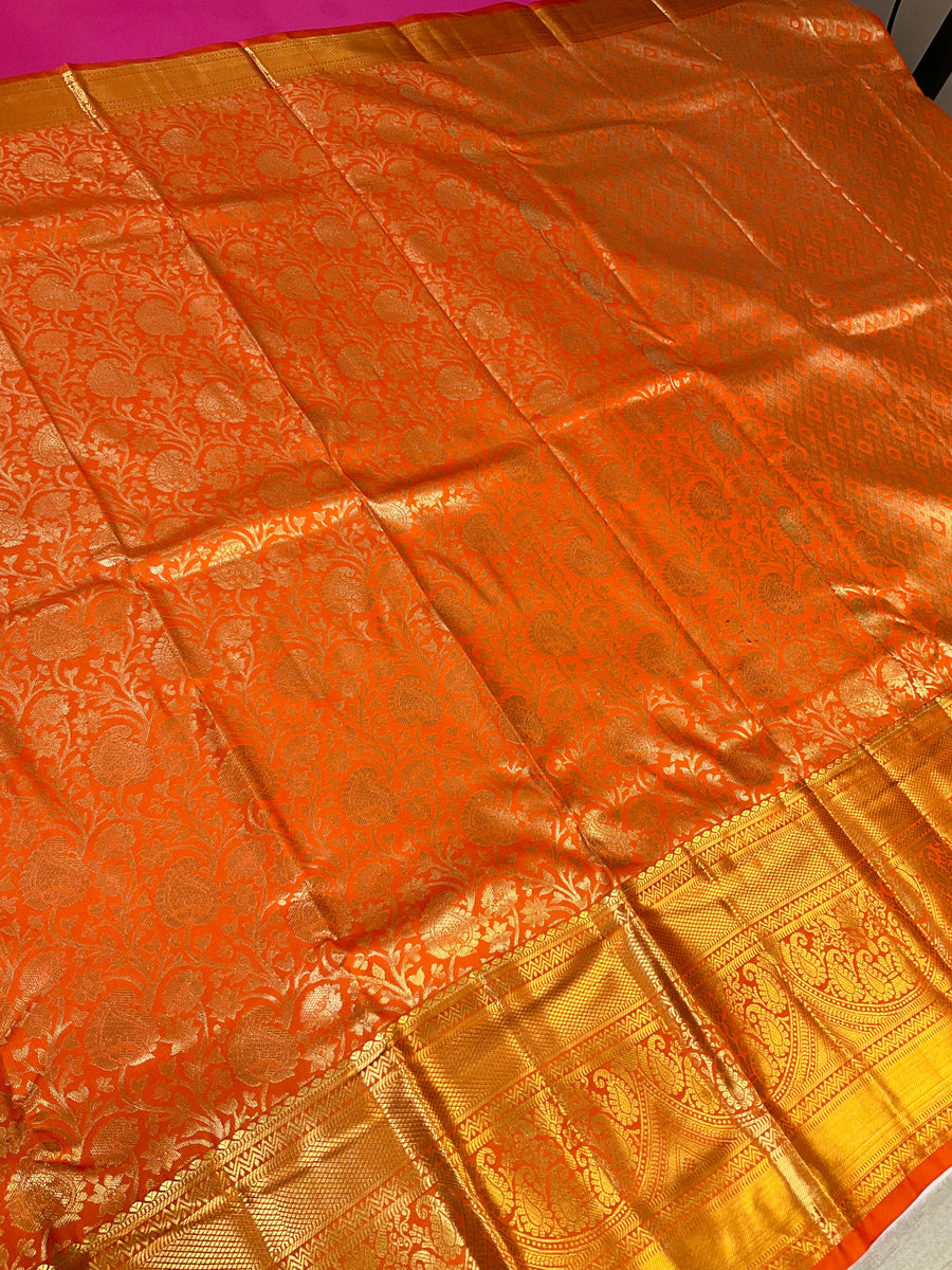 Orange Semi silk Kanjeevaram Saree