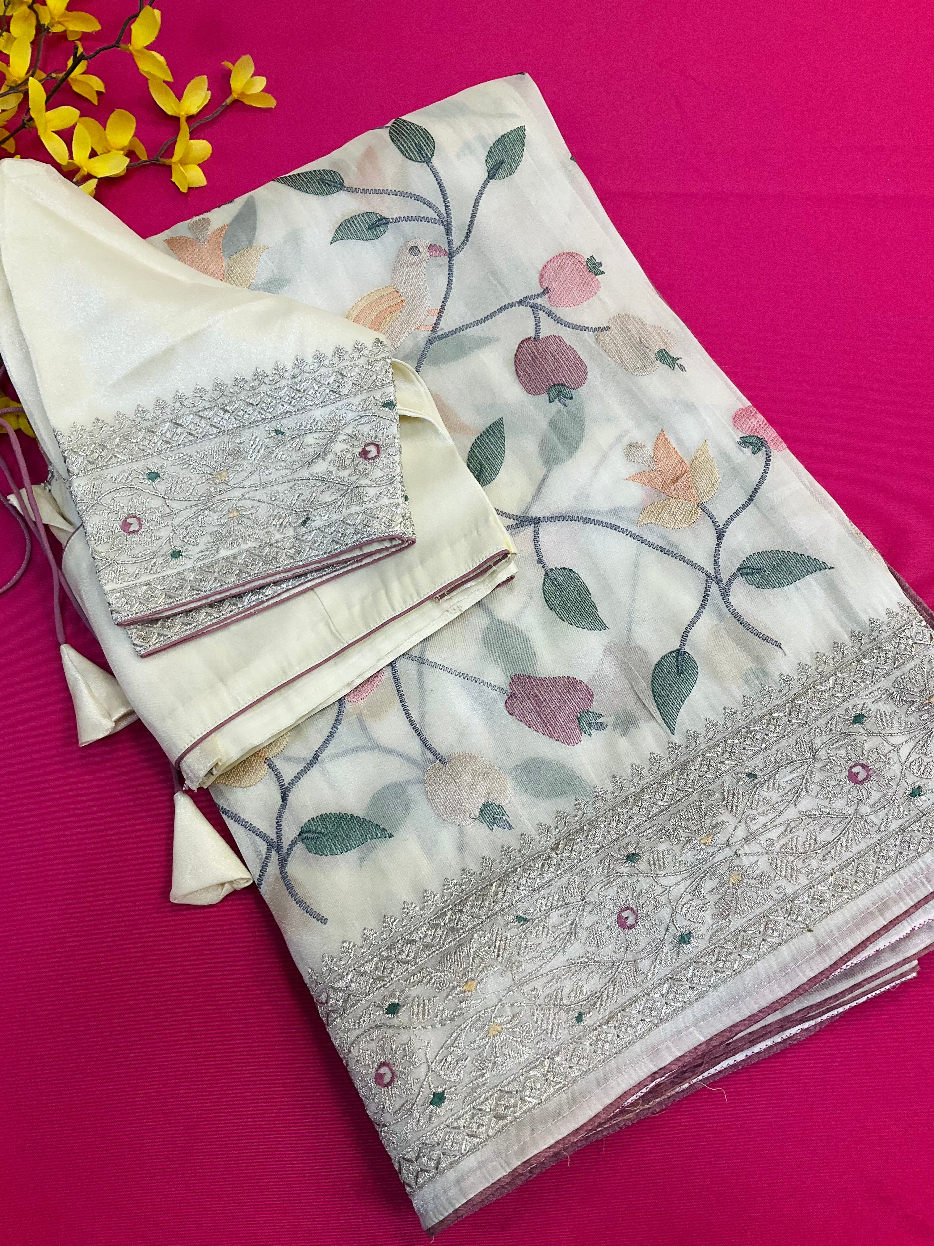 Oragnza Tissue Embroidery work  saree with Stitched blouse