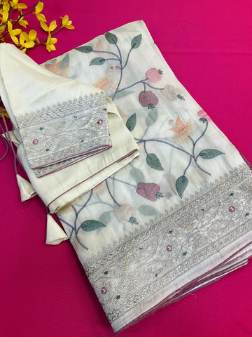 Oragnza Tissue Embroidery work saree with Stitched blouse