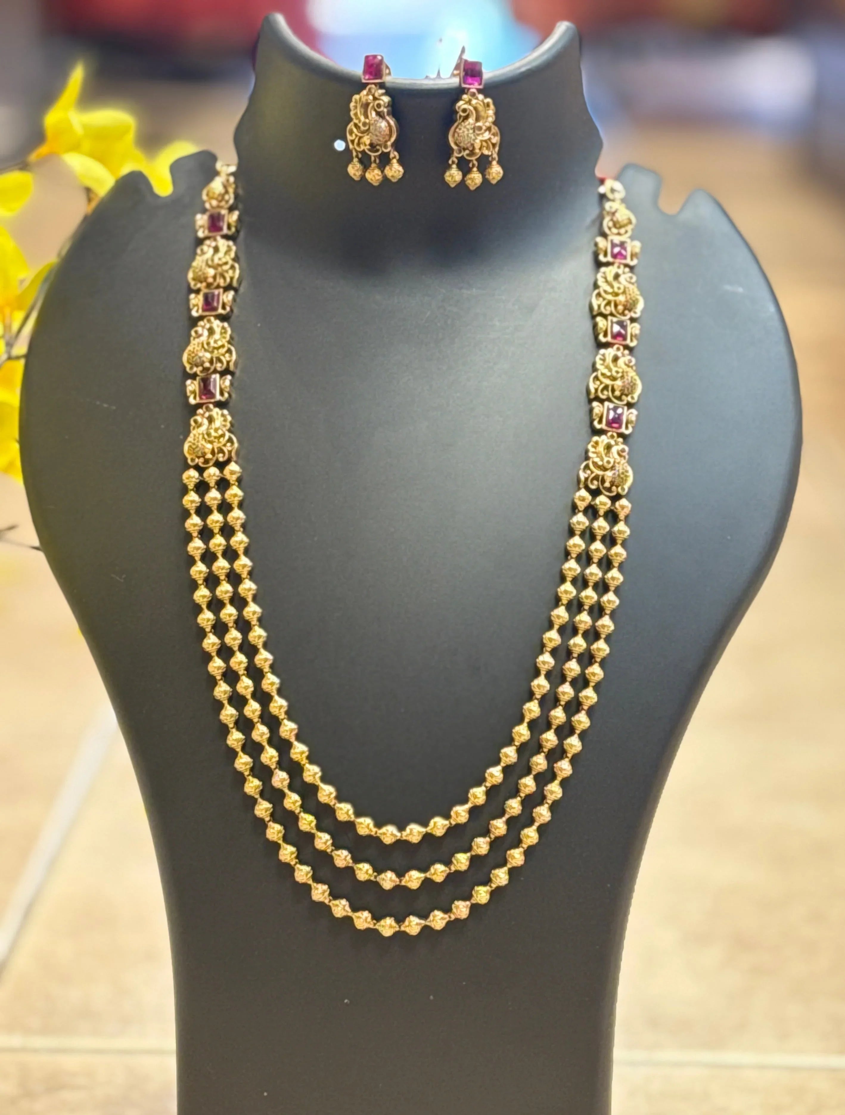 Antique Finish - 3 Line Haram/ Long Necklace set with Ruby Stones